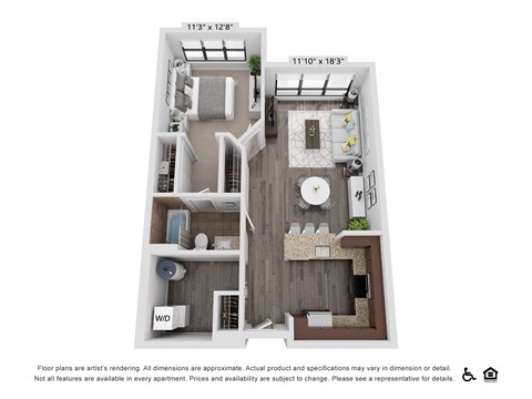Floor plan for 1 bed, 1 bath, 769 sqft
